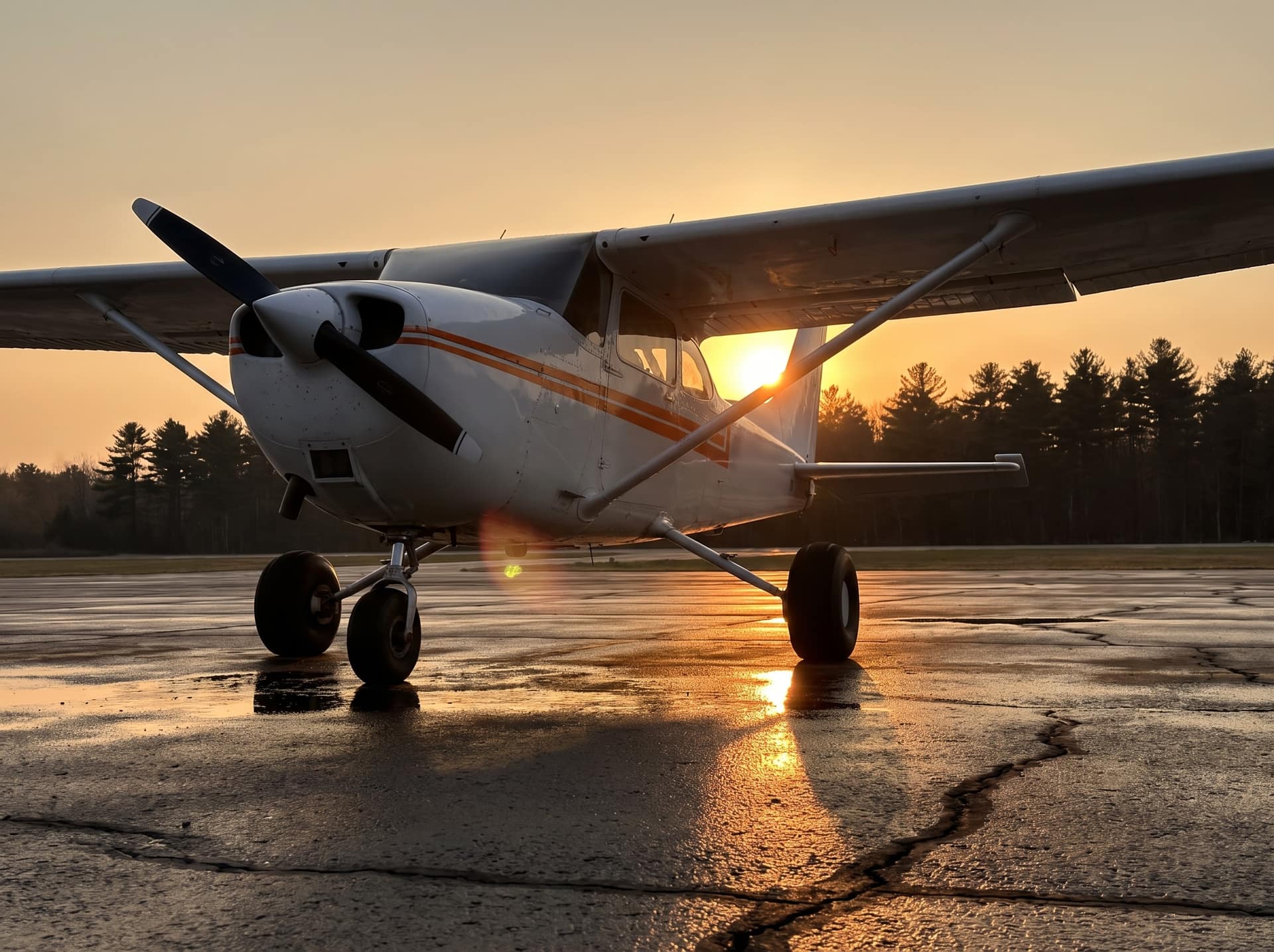 A white high-wing aeroplane with an orange stripe on a wet ramp at sunset, the low sun behind it reflected in the standing water